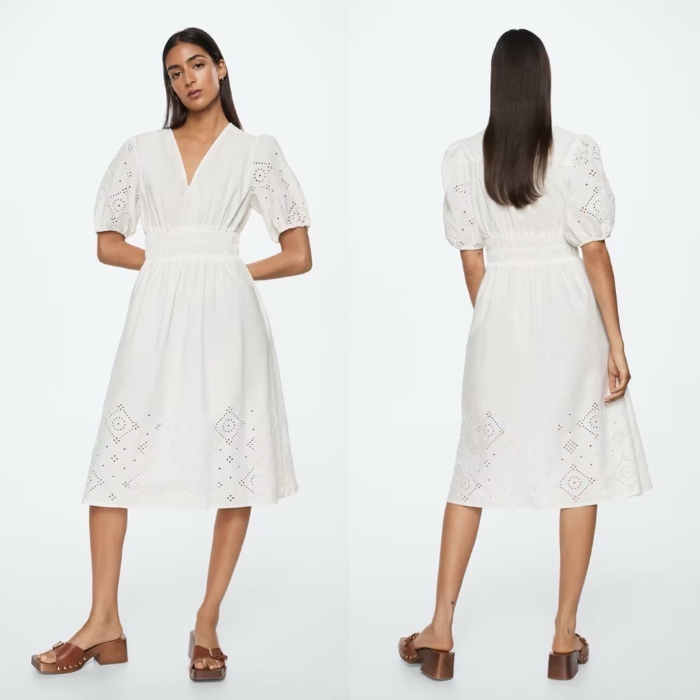 Mango Embroidered Eyelet White Cotton Puff Sleeve Midi Dress